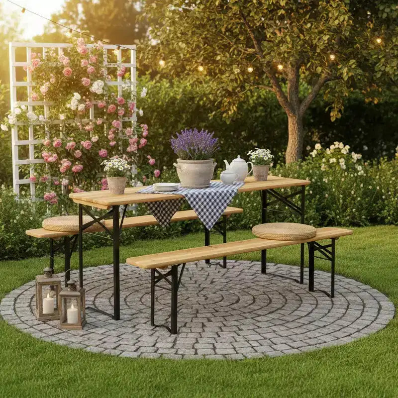 Gymax Set 3 Pezzi Pieghevole in Legno per Tavolo da Picnic e Panche, Tavolo da Birra per Esterno 70 con Sedile per Giardino Cortile Balcone