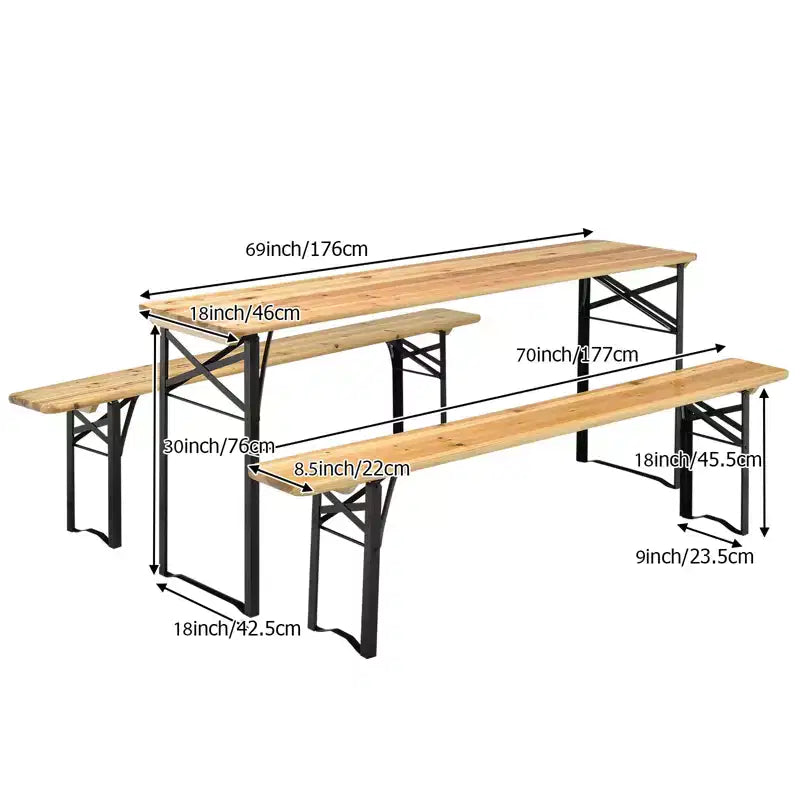 Gymax Set 3 Pezzi Pieghevole in Legno per Tavolo da Picnic e Panche, Tavolo da Birra per Esterno 70 con Sedile per Giardino Cortile Balcone