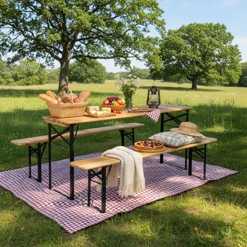 Gymax Set 3 Pezzi Pieghevole in Legno per Tavolo da Picnic e Panche, Tavolo da Birra per Esterno 70 con Sedile per Giardino Cortile Balcone