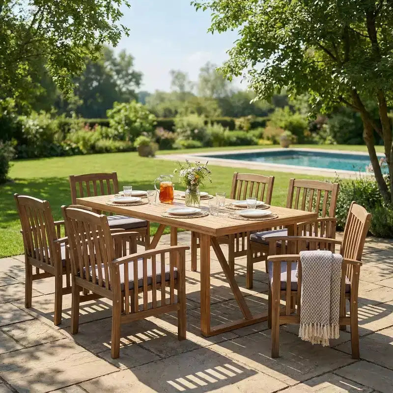 Set da pranzo da esterno a 7 pezzi in legno di acacia, moderno tavolo rettangolare con 6 sedie imbottite per patio, cortile, terrazza e bordo piscina-Panipeachy