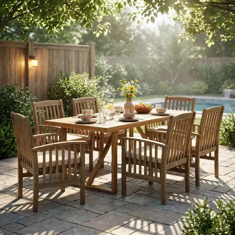 Set da pranzo da esterno a 7 pezzi in legno di acacia, moderno tavolo rettangolare con 6 sedie imbottite per patio, cortile, terrazza e bordo piscina-Panipeachy