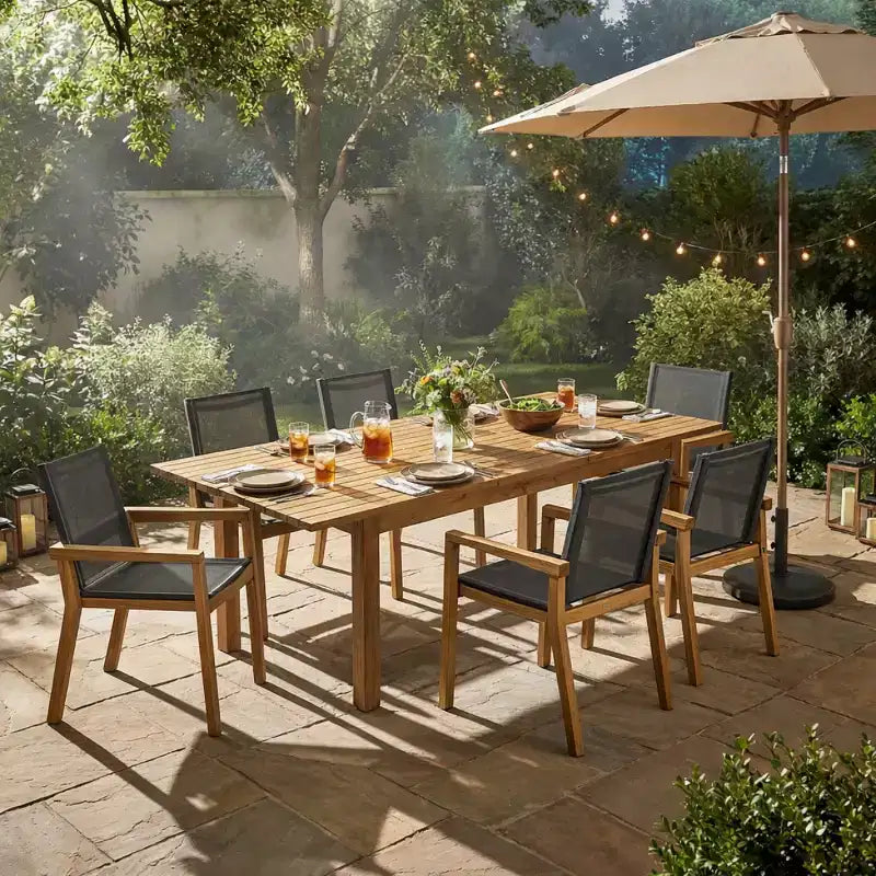 Set da Tavolo da Pranzo Estensibile da Esterno in Legno a 7 Pezzi, 6 Sedie a Rete con Telaio in Legno, Set di Mobili da Patio Moderni per il Giardino-Panipeachy