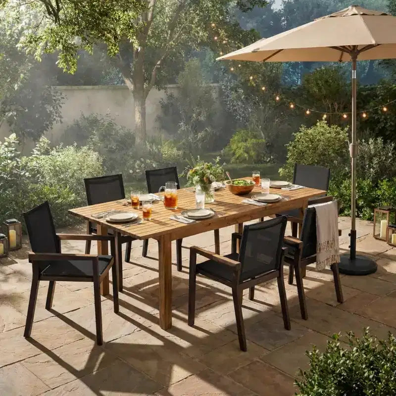 Set da Tavolo da Pranzo Estensibile da Esterno in Legno a 7 Pezzi, 6 Sedie a Rete con Telaio in Legno, Set di Mobili da Patio Moderni per il Giardino-Panipeachy