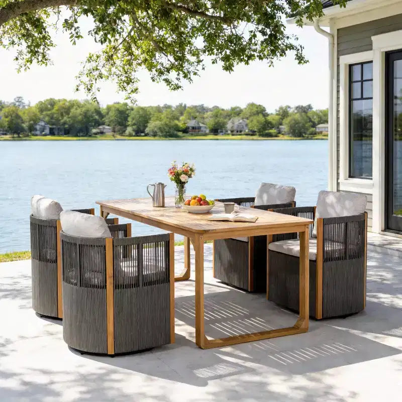 Christopher Knight Home Calvin Set da Pranzo Moderno da Esterno a 5 Pezzi in Legno di Acacia con 4 Sedie Girevoli e Tavolo