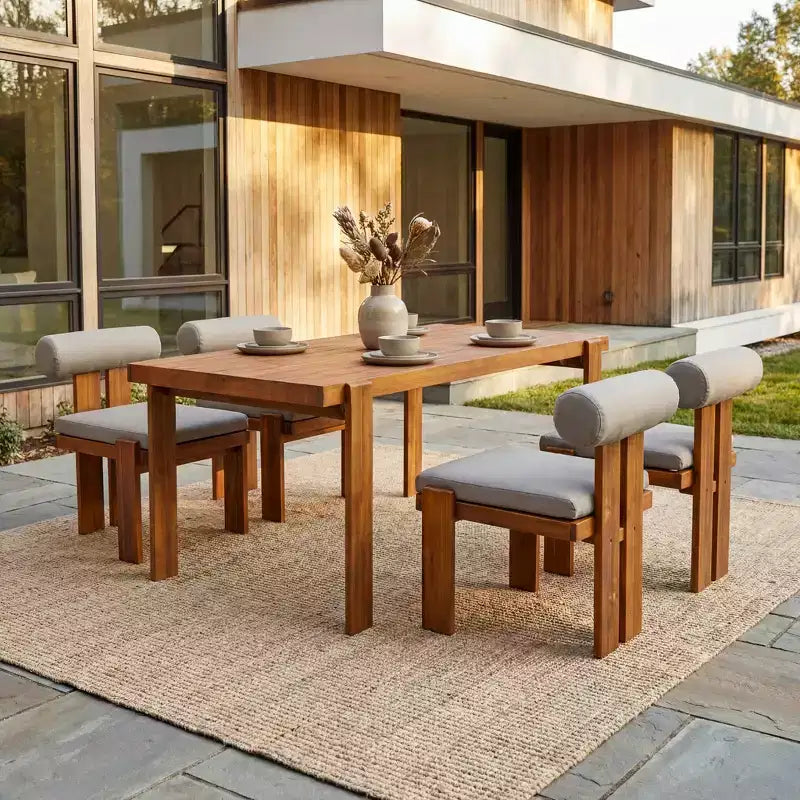 Christopher Knight Home Javier, set da pranzo moderno da 5 pezzi per patio con struttura in acacia, sedute imbottite, schienale rotondo e tavolo a doghe