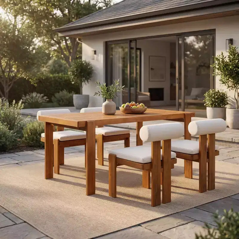 Christopher Knight Home Javier, set da pranzo moderno da 5 pezzi per patio con struttura in acacia, sedute imbottite, schienale rotondo e tavolo a doghe