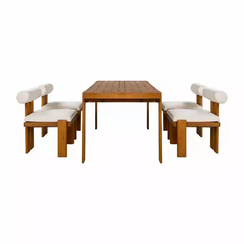 Christopher Knight Home Javier, set da pranzo moderno da 5 pezzi per patio con struttura in acacia, sedute imbottite, schienale rotondo e tavolo a doghe
