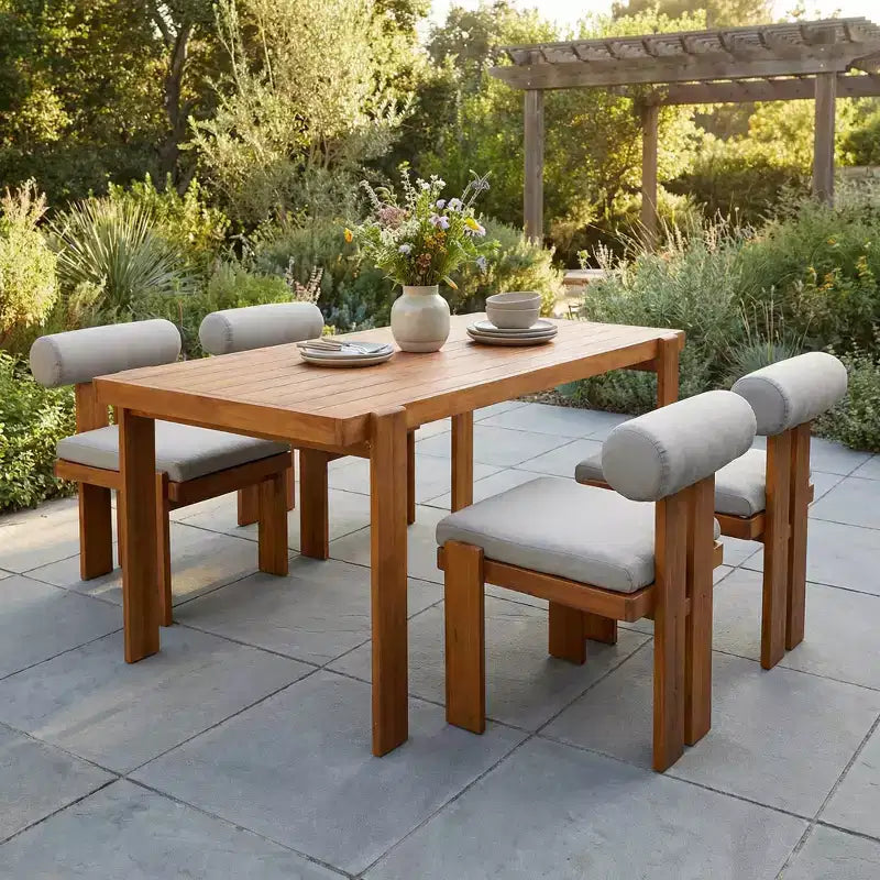 Christopher Knight Home Javier, set da pranzo moderno da 5 pezzi per patio con struttura in acacia, sedute imbottite, schienale rotondo e tavolo a doghe