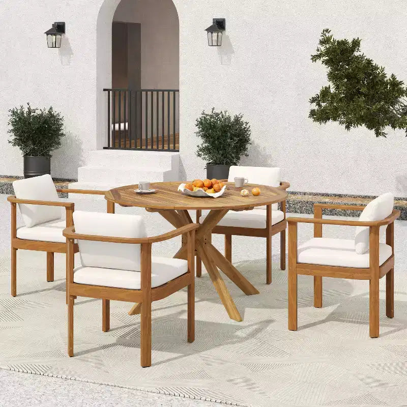 Christopher Knight Home Everett Set da pranzo rotondo da esterno a 5 pezzi in legno di acacia rustico con sedie imbottite per patio