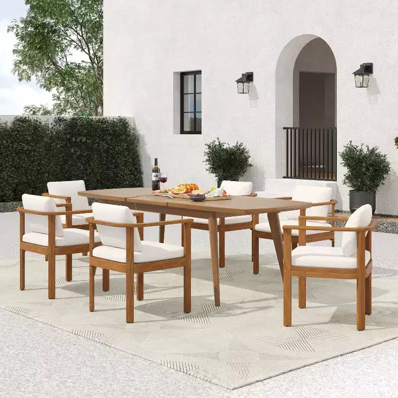 Christopher Knight Home Merlin Patio Set da Pranzo Rustico da Esterno 7 Pezzi in Legno di Acacia Espandibile con Sedie da Pranzo Imbottite