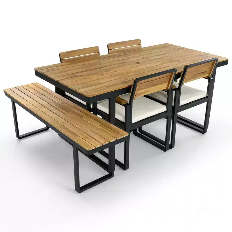 Whisen Set da Pranzo da Esterno 6 Pezzi per 6-7 Persone, Set da Pranzo per Giardino e Patio, 1 Tavolo Rettangolare e 1 Panca e 4 Sedie con Cuscini