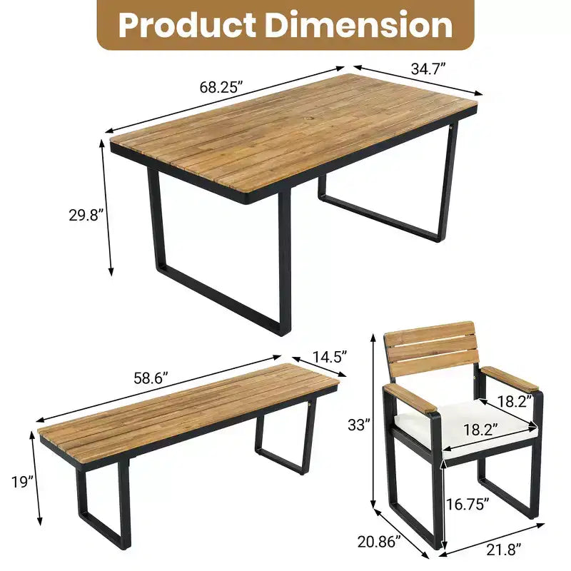 Whisen Set da Pranzo da Esterno 6 Pezzi per 6-7 Persone, Set da Pranzo per Giardino e Patio, 1 Tavolo Rettangolare e 1 Panca e 4 Sedie con Cuscini