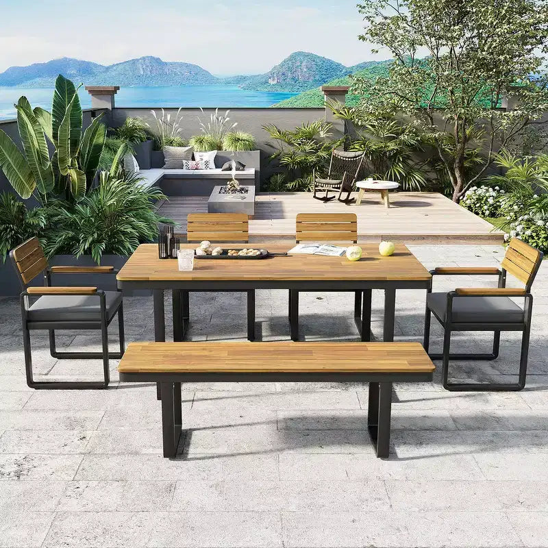 Whisen Set da Pranzo da Esterno 6 Pezzi per 6-7 Persone, Set da Pranzo per Giardino e Patio, 1 Tavolo Rettangolare e 1 Panca e 4 Sedie con Cuscini
