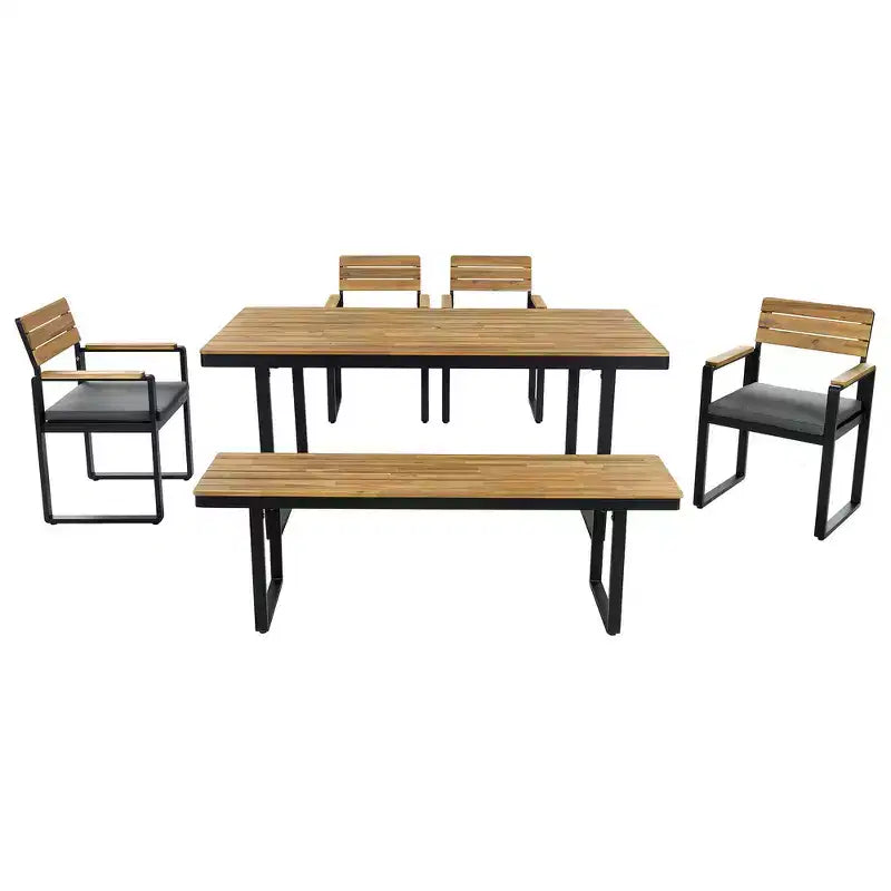 Whisen Set da Pranzo da Esterno 6 Pezzi per 6-7 Persone, Set da Pranzo per Giardino e Patio, 1 Tavolo Rettangolare e 1 Panca e 4 Sedie con Cuscini