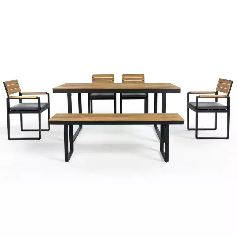 Whisen Set da Pranzo da Esterno 6 Pezzi per 6-7 Persone, Set da Pranzo per Giardino e Patio, 1 Tavolo Rettangolare e 1 Panca e 4 Sedie con Cuscini