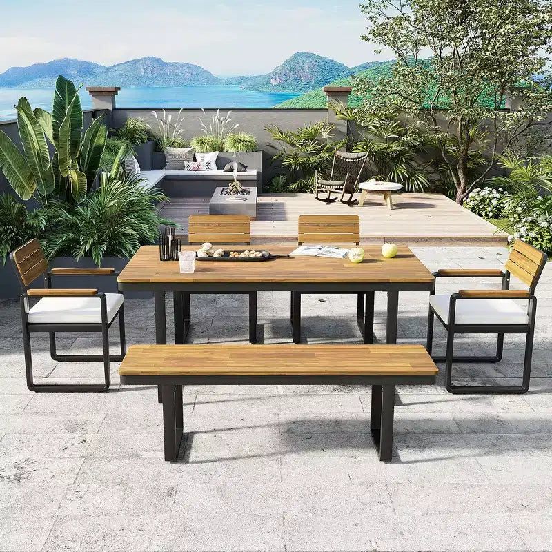 Whisen Set da Pranzo da Esterno 6 Pezzi per 6-7 Persone, Set da Pranzo per Giardino e Patio, 1 Tavolo Rettangolare e 1 Panca e 4 Sedie con Cuscini