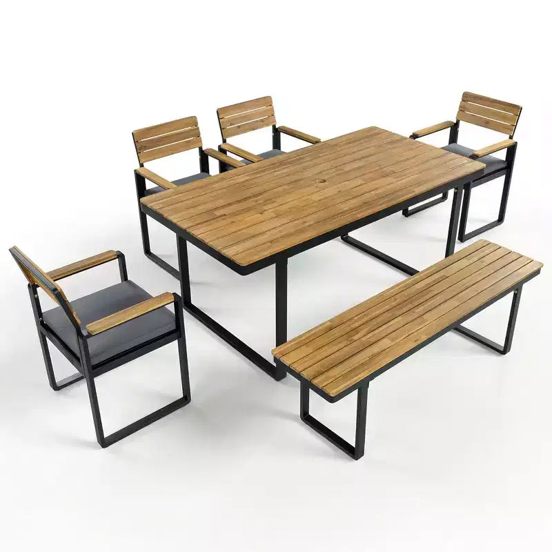 Whisen Set da Pranzo da Esterno 6 Pezzi per 6-7 Persone, Set da Pranzo per Giardino e Patio, 1 Tavolo Rettangolare e 1 Panca e 4 Sedie con Cuscini
