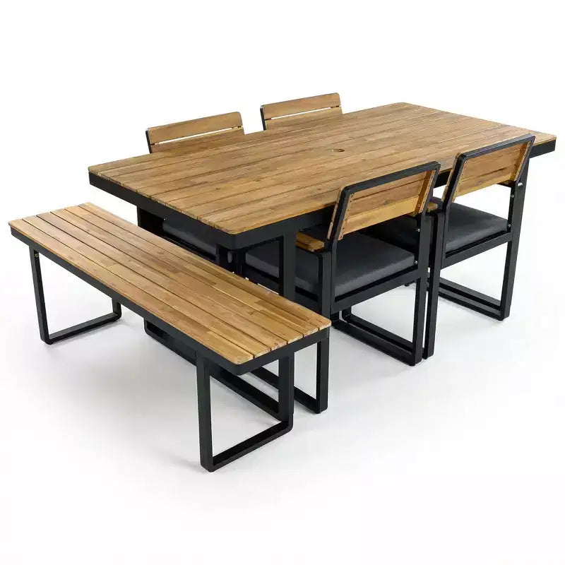 Whisen Set da Pranzo da Esterno 6 Pezzi per 6-7 Persone, Set da Pranzo per Giardino e Patio, 1 Tavolo Rettangolare e 1 Panca e 4 Sedie con Cuscini