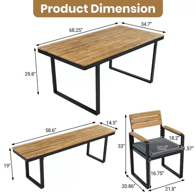 Whisen Set da Pranzo da Esterno 6 Pezzi per 6-7 Persone, Set da Pranzo per Giardino e Patio, 1 Tavolo Rettangolare e 1 Panca e 4 Sedie con Cuscini