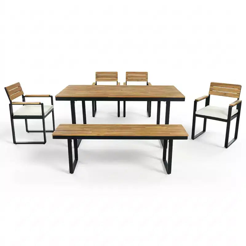 Whisen Set da Pranzo da Esterno 6 Pezzi per 6-7 Persone, Set da Pranzo per Giardino e Patio, 1 Tavolo Rettangolare e 1 Panca e 4 Sedie con Cuscini
