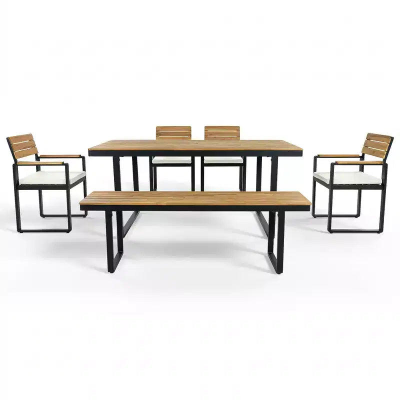 Whisen Set da Pranzo da Esterno 6 Pezzi per 6-7 Persone, Set da Pranzo per Giardino e Patio, 1 Tavolo Rettangolare e 1 Panca e 4 Sedie con Cuscini