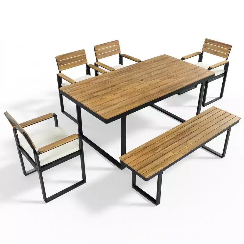 Whisen Set da Pranzo da Esterno 6 Pezzi per 6-7 Persone, Set da Pranzo per Giardino e Patio, 1 Tavolo Rettangolare e 1 Panca e 4 Sedie con Cuscini