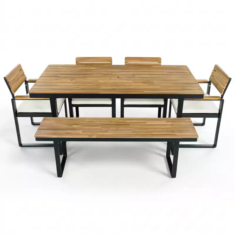 Whisen Set da Pranzo da Esterno 6 Pezzi per 6-7 Persone, Set da Pranzo per Giardino e Patio, 1 Tavolo Rettangolare e 1 Panca e 4 Sedie con Cuscini
