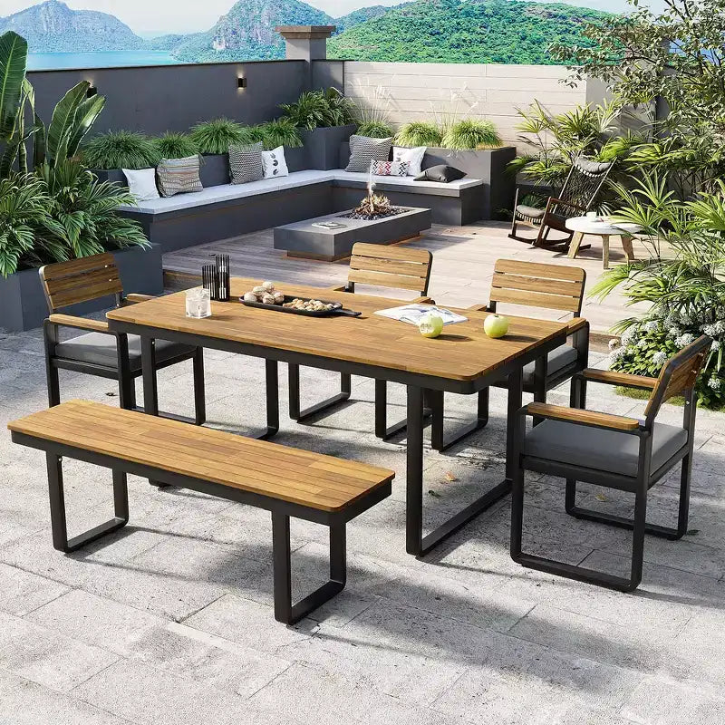 Whisen Set da Pranzo da Esterno 6 Pezzi per 6-7 Persone, Set da Pranzo per Giardino e Patio, 1 Tavolo Rettangolare e 1 Panca e 4 Sedie con Cuscini