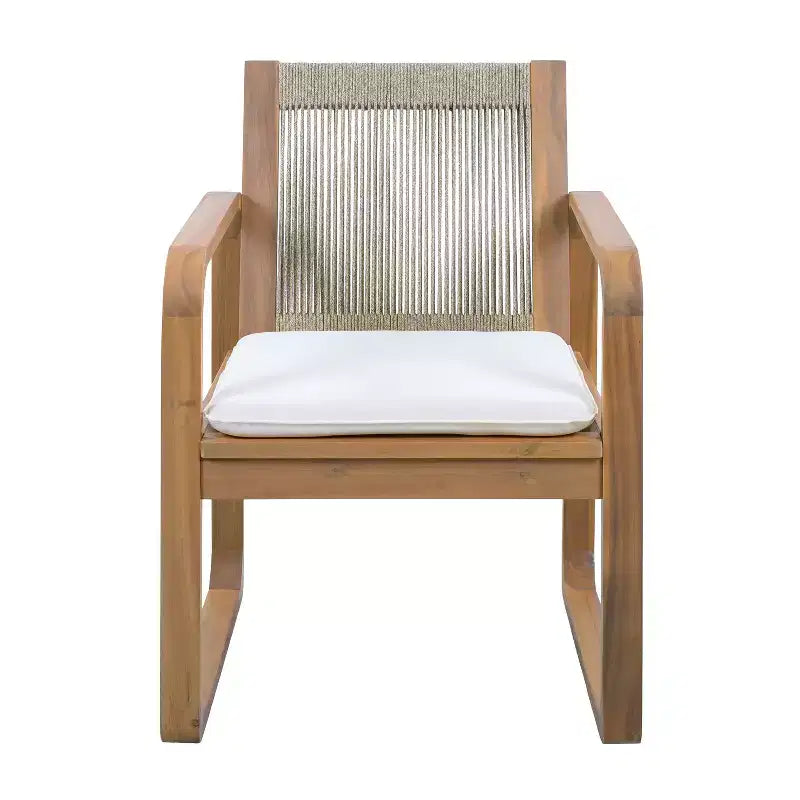 ModernLuxe Set da Pranzo per Esterni da 5/7 Pezzi, Tavolo in Legno di Acacia da 180 cm con Cuscini + 6 Sedie da Pranzo con Schienale in Corda, Finitura Teak Chiaro