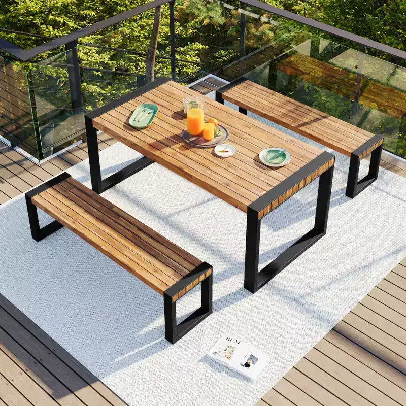 GDFStudio Wesley Set da pranzo con tavolo e 2 panche da esterno in legno di acacia e acciaio
