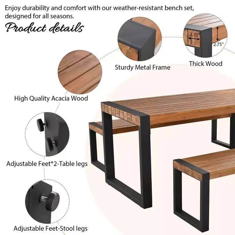 GDFStudio Wesley Set da pranzo con tavolo e 2 panche da esterno in legno di acacia e acciaio