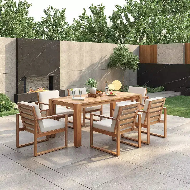 Set da pranzo per esterni a 7 pezzi per 6 persone con foro per ombrellone, tavolo e sedie da patio in legno con cuscini rimovibili per giardino o patio-Panipeachy