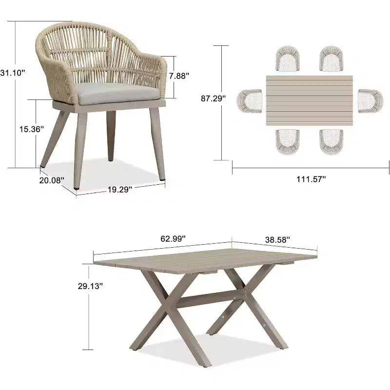 Set da pranzo per esterni PURPLE LEAF con tavolo da pranzo in alluminio e sedie in vimini di rattan