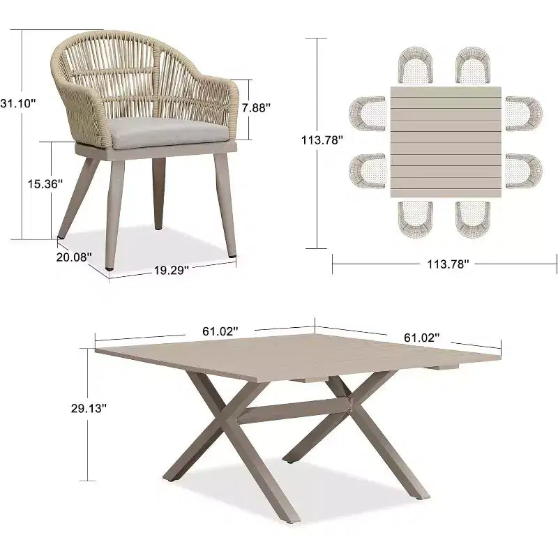 Set da pranzo per esterni PURPLE LEAF con tavolo da pranzo in alluminio e sedie in vimini di rattan