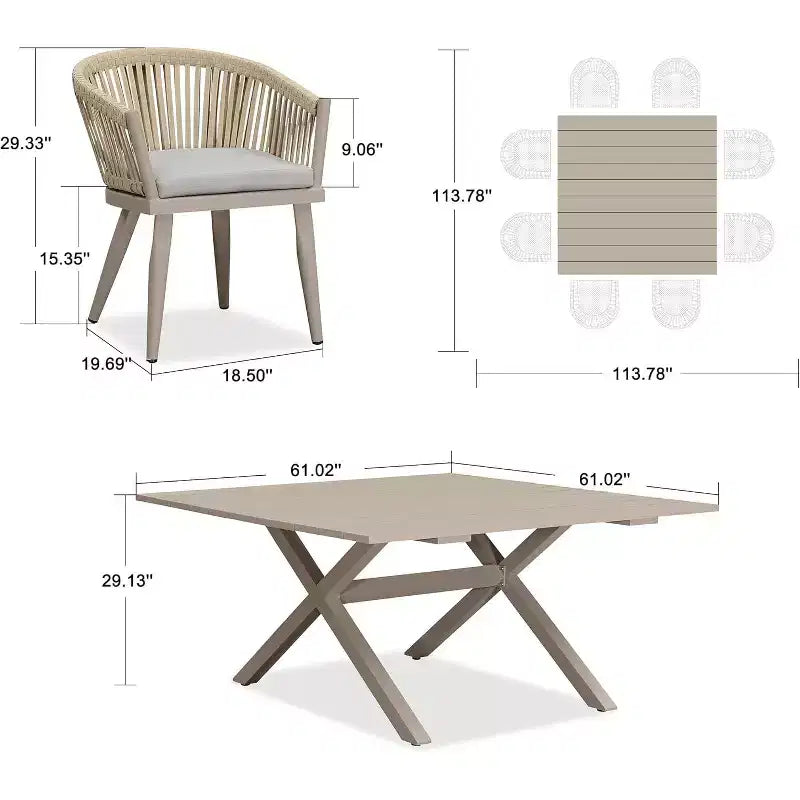 Set da pranzo per esterni PURPLE LEAF con tavolo da pranzo in alluminio e sedie in vimini di rattan