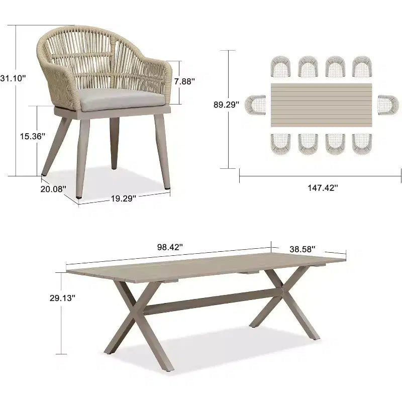Set da pranzo per esterni PURPLE LEAF con tavolo da pranzo in alluminio e sedie in vimini di rattan