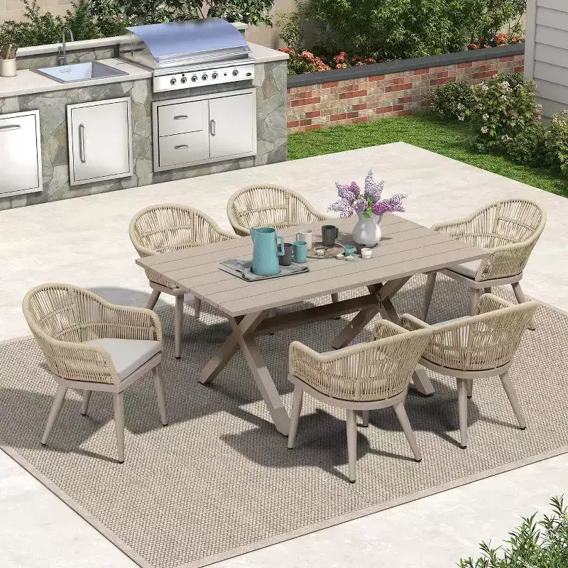 Set da pranzo per esterni PURPLE LEAF con tavolo da pranzo in alluminio e sedie in vimini di rattan