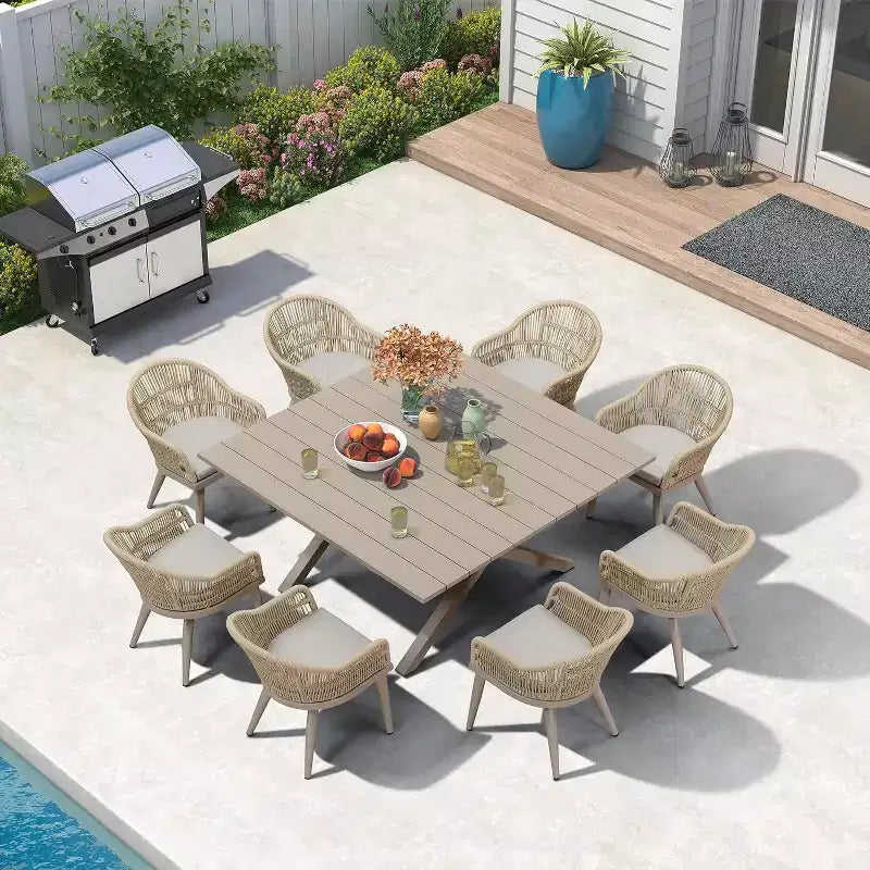 Set da pranzo per esterni PURPLE LEAF con tavolo da pranzo in alluminio e sedie in vimini di rattan