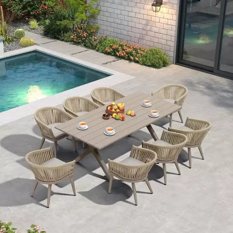 Set da pranzo per esterni PURPLE LEAF con tavolo da pranzo in alluminio e sedie in vimini di rattan