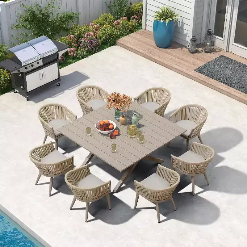 Set da pranzo per esterni PURPLE LEAF con tavolo da pranzo in alluminio e sedie in vimini di rattan