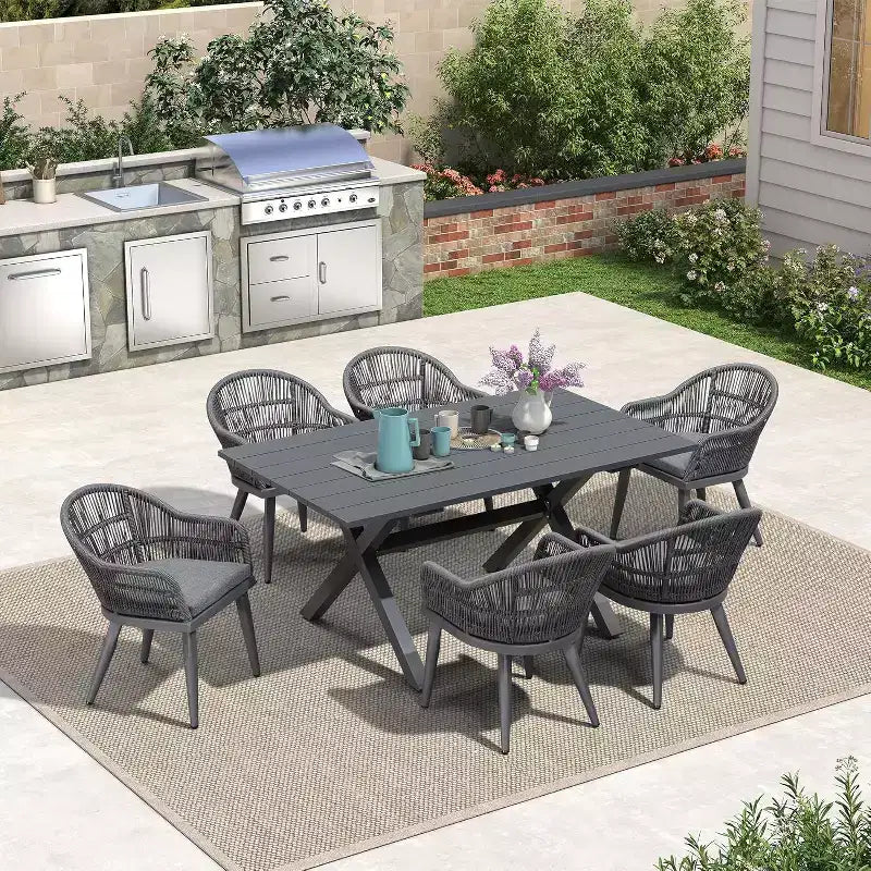 Set da pranzo per esterni PURPLE LEAF con tavolo da pranzo in alluminio e sedie in vimini di rattan