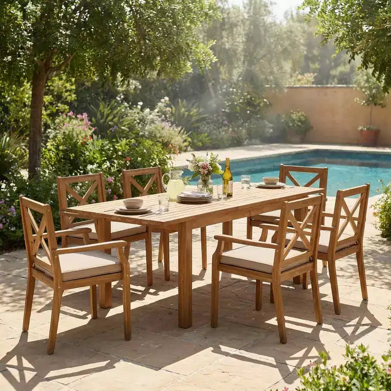 Set da pranzo da esterni da 7 pezzi, tavolo da pranzo allungabile in legno di acacia con 6 sedie imbottite, mobili da pranzo da esterni per il giardino-Panipeachy