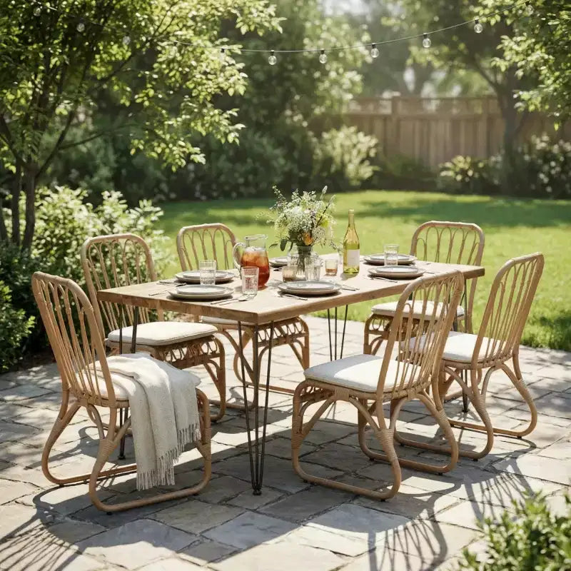 Set da pranzo da esterno di 7 pezzi per 6 persone con sedie in rattan intrecciato, tavolo da pranzo rettangolare da patio da 72 pollici con piano in legno di acacia per cortile, terrazzo-Panipeachy