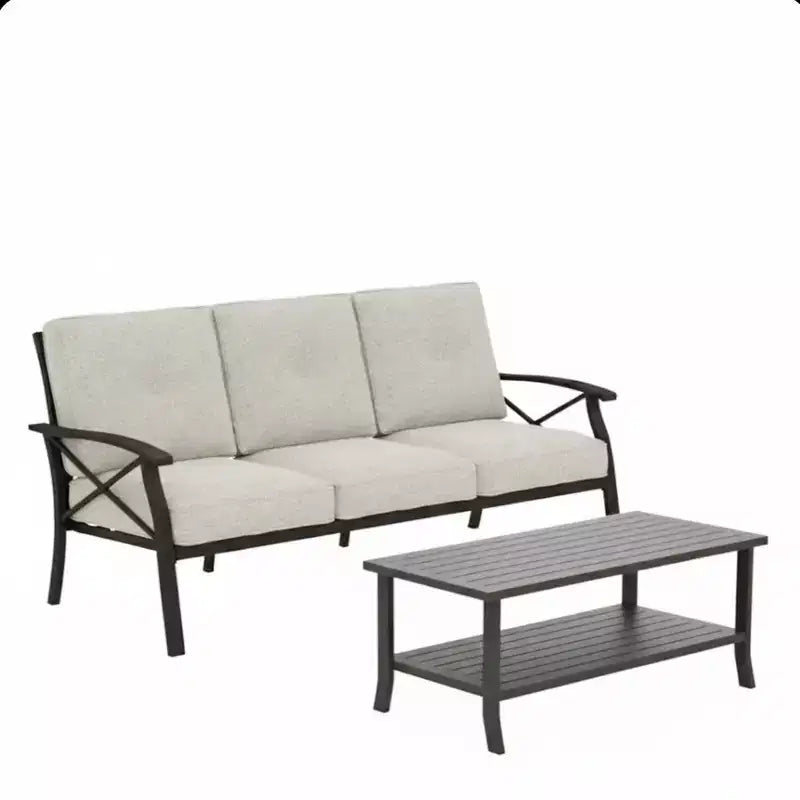 Set da 2 pezzi per patio esterno, divano da patio a 3 posti in metallo resistente alle intemperie da 70 pollici e tavolino rettangolare