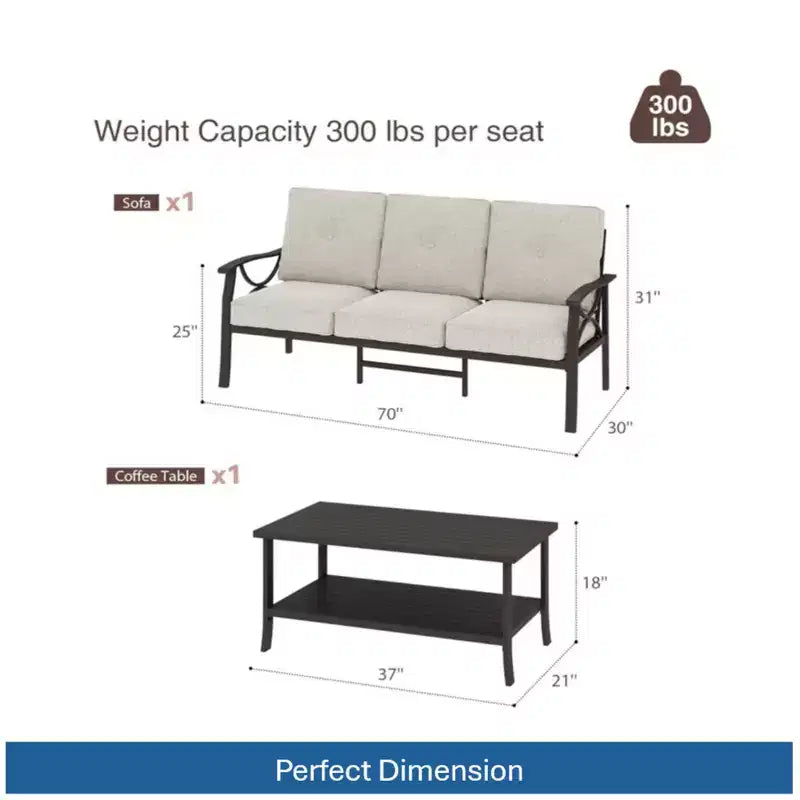 Set da 2 pezzi per patio esterno, divano da patio a 3 posti in metallo resistente alle intemperie da 70 pollici e tavolino rettangolare