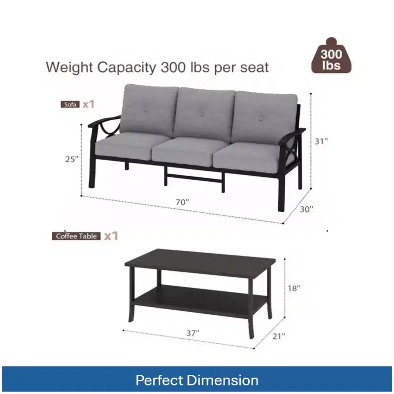 Set da 2 pezzi per patio esterno, divano da patio a 3 posti in metallo resistente alle intemperie da 70 pollici e tavolino rettangolare