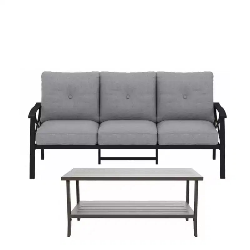 Set da 2 pezzi per patio esterno, divano da patio a 3 posti in metallo resistente alle intemperie da 70 pollici e tavolino rettangolare