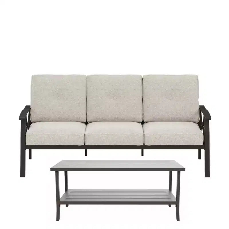 Set da 2 pezzi per patio esterno, divano da patio a 3 posti in metallo resistente alle intemperie da 70 pollici e tavolino rettangolare
