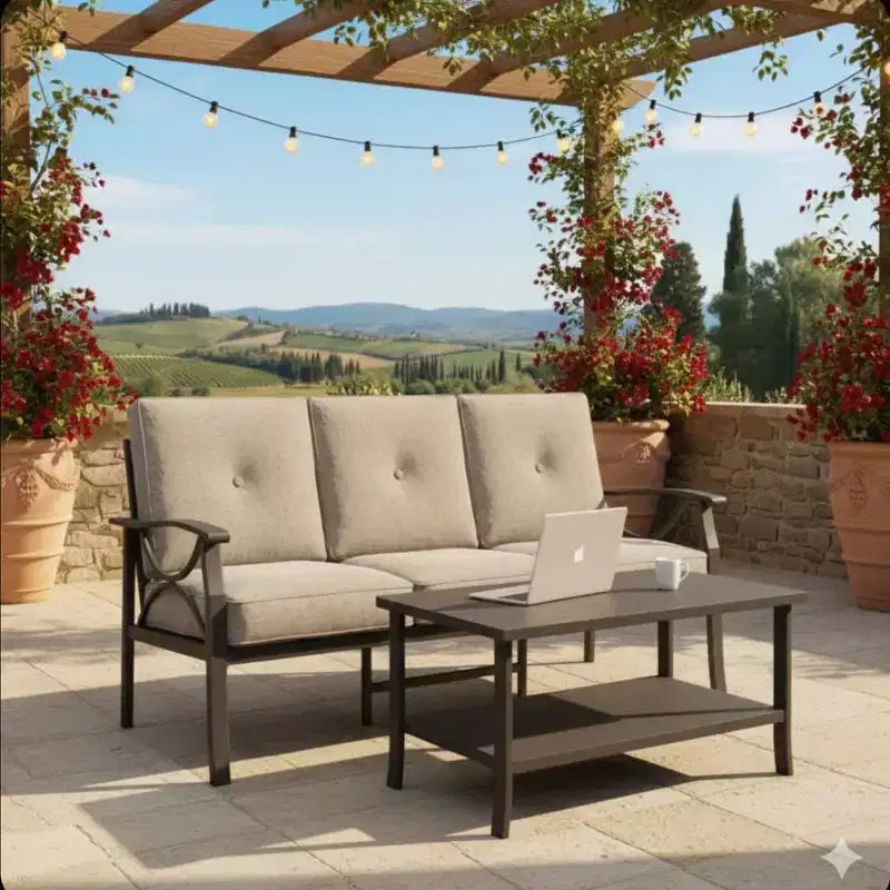 Set da 2 pezzi per patio esterno, divano da patio a 3 posti in metallo resistente alle intemperie da 70 pollici e tavolino rettangolare