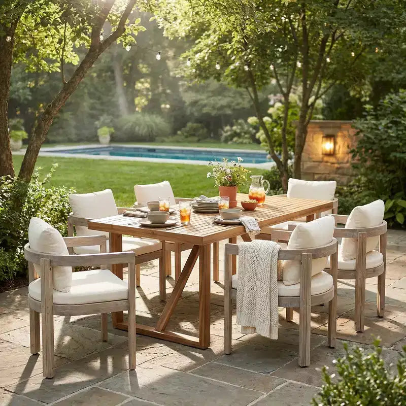 Christopher Knight Home Gruneo Set da pranzo moderno da 7 pezzi da esterni in acacia con cuscini e design a doghe